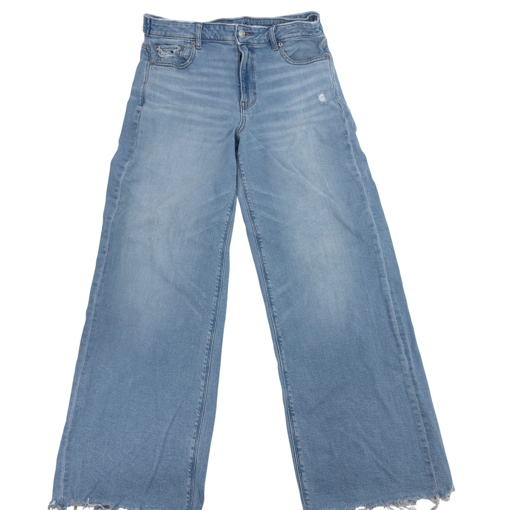 American Eagle Baggy Wide Leg Jeans Womens 10 Blue Super High Rise Raw Hem
